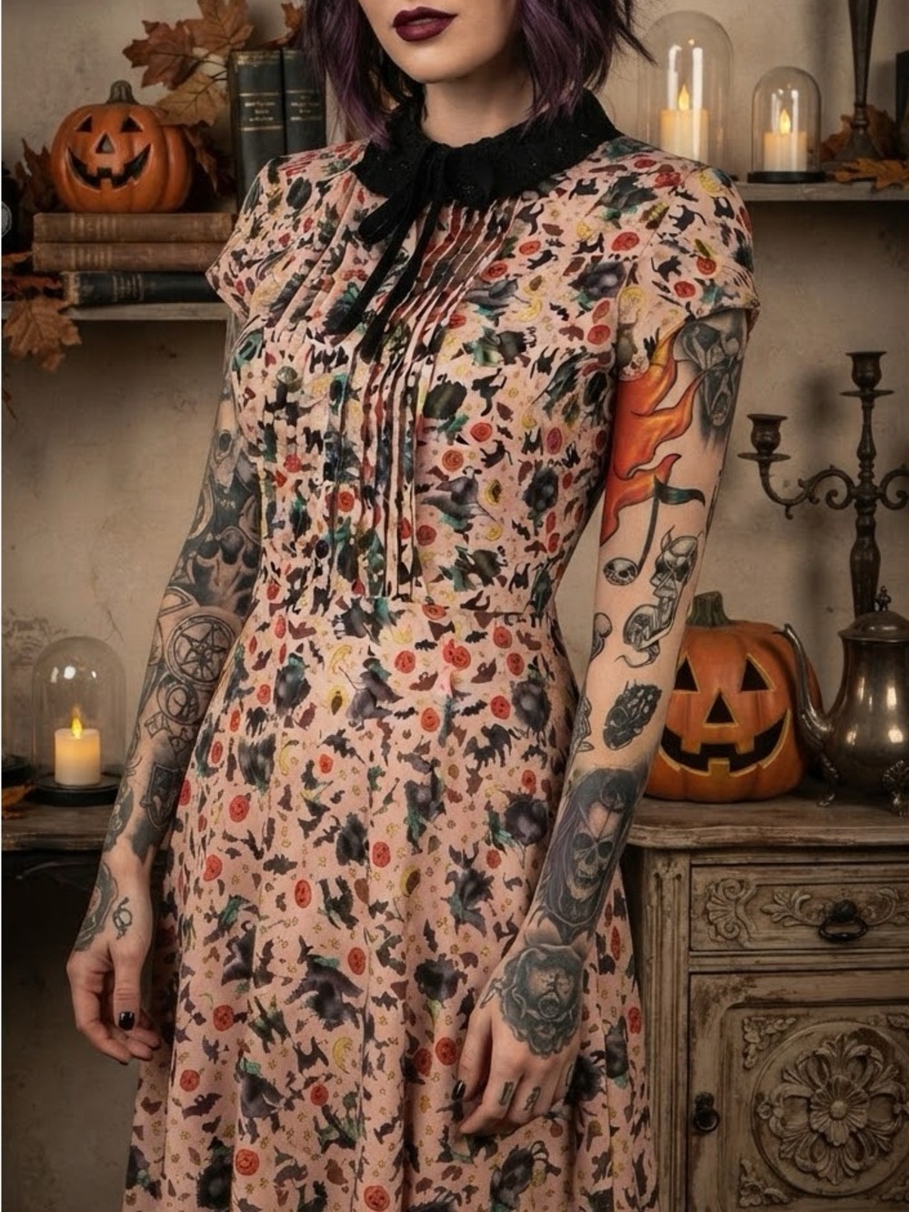 Hell Bunny Zelda Halloween Dress Fit & Flare Peach Orange Cats Pumpkins M